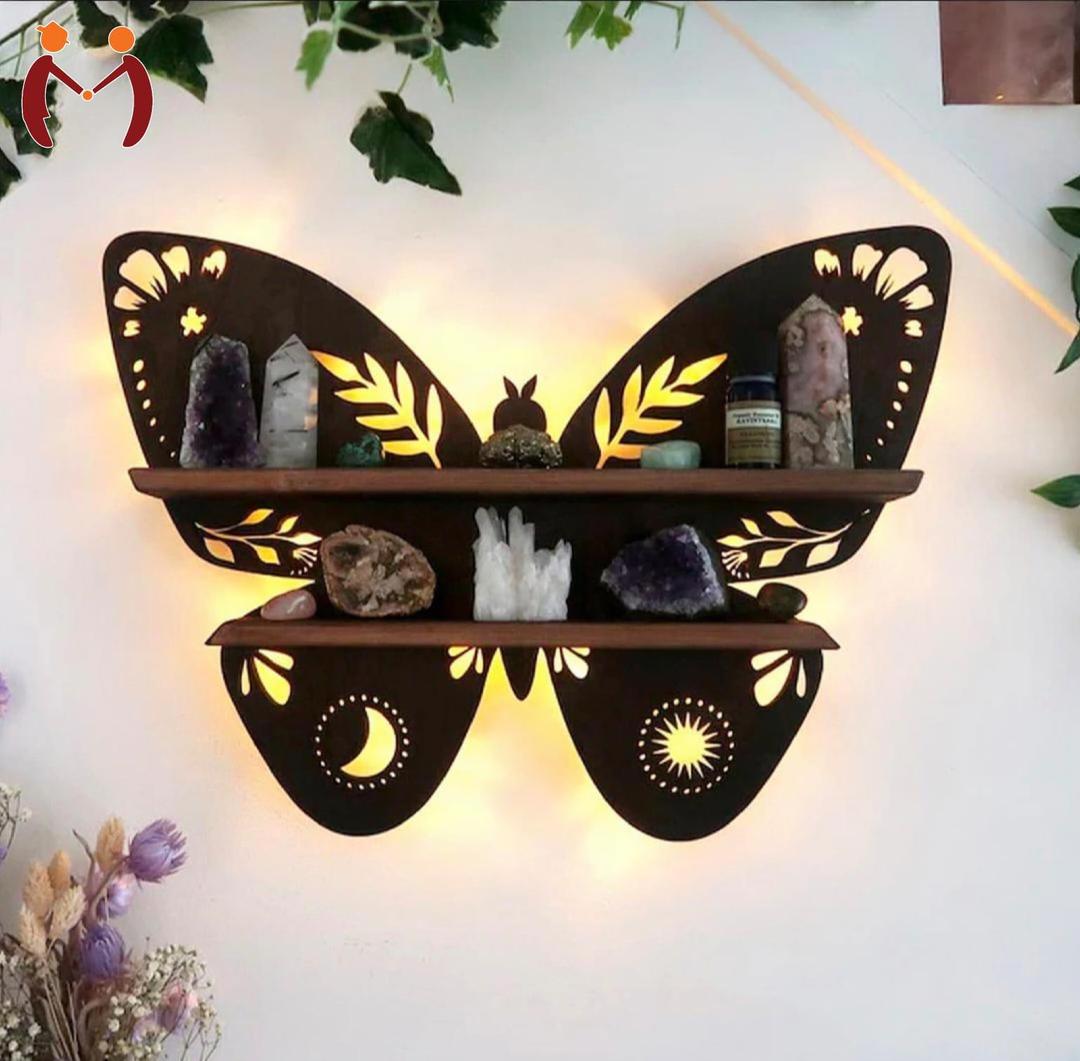 Butterfly Design Wooden Wall Shelf With Back Light