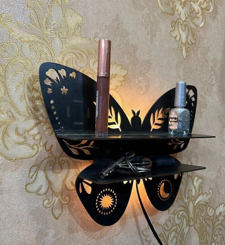 Butterfly Design Wooden Wall Shelf With Back Light