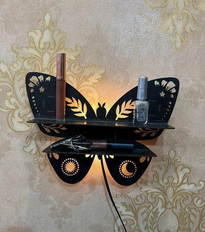 Butterfly Design Wooden Wall Shelf With Back Light