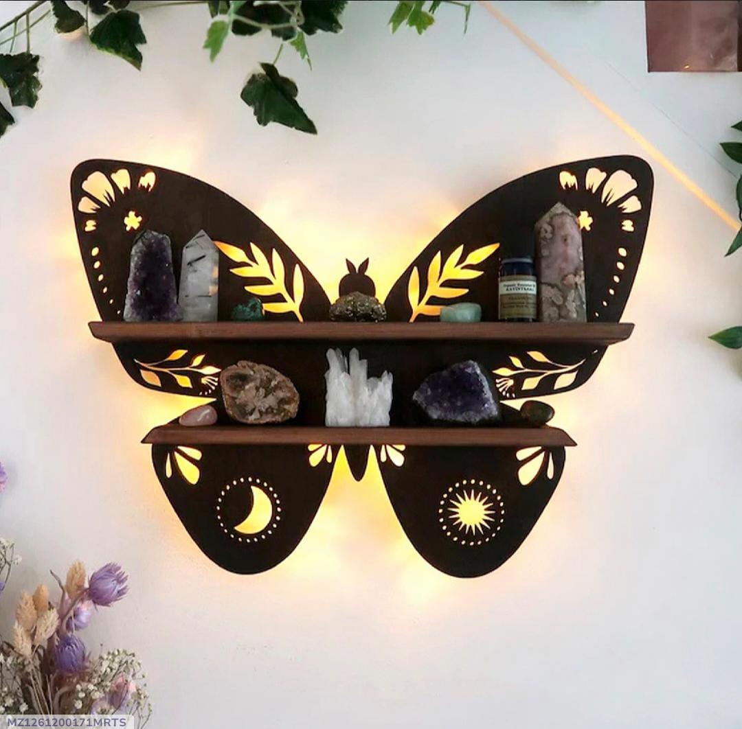 Butterfly Design Wooden Wall Shelf With Back Light